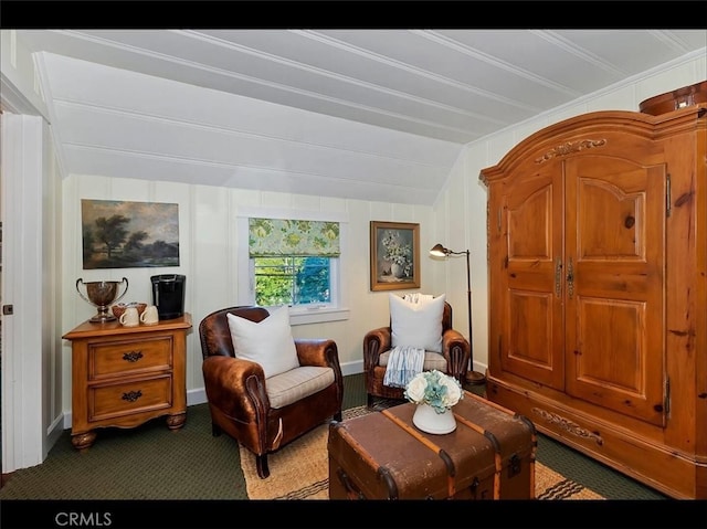 855 Lake Dr, Lake Arrowhead, CA 92352 - living area with carpet floors, vaulted ceiling, and baseboards