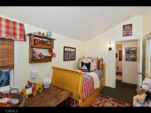 855 Lake Dr, Lake Arrowhead, CA 92352 - carpeted bedroom featuring lofted ceiling