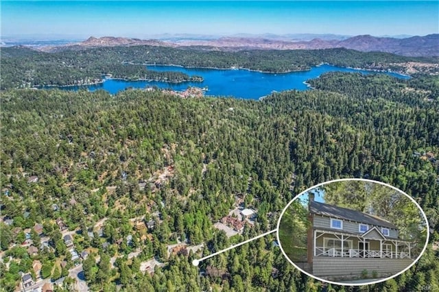 bird's eye view featuring a water and mountain view