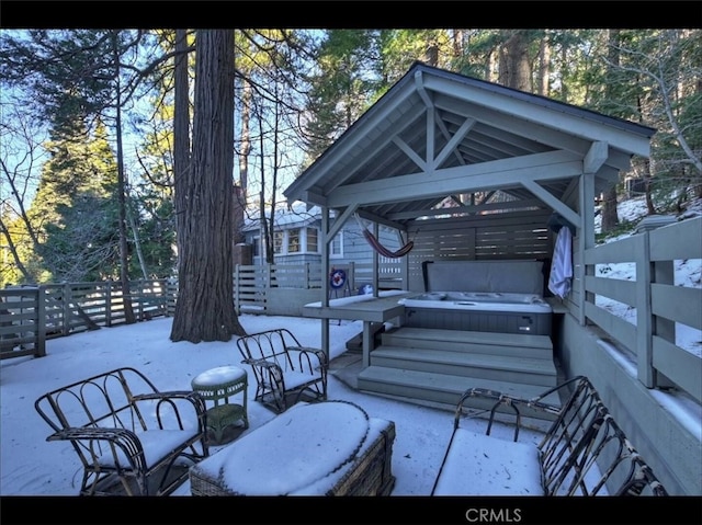855 Lake Dr, Lake Arrowhead, CA 92352 - wooden deck with a gazebo, a patio area, and a hot tub