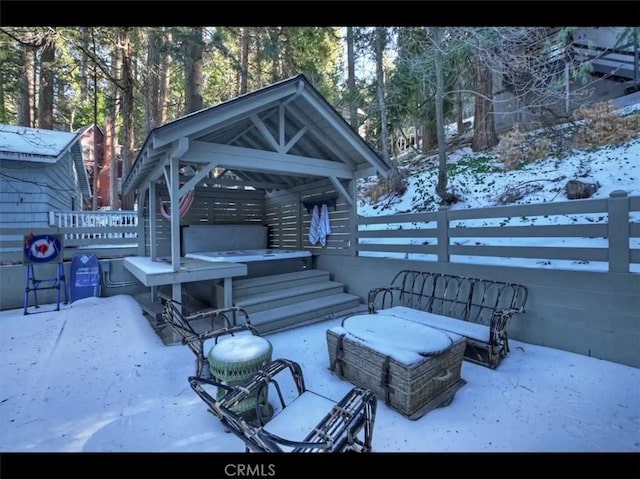 855 Lake Dr, Lake Arrowhead, CA 92352 - snow covered patio with a patio area, a covered hot tub, and a gazebo