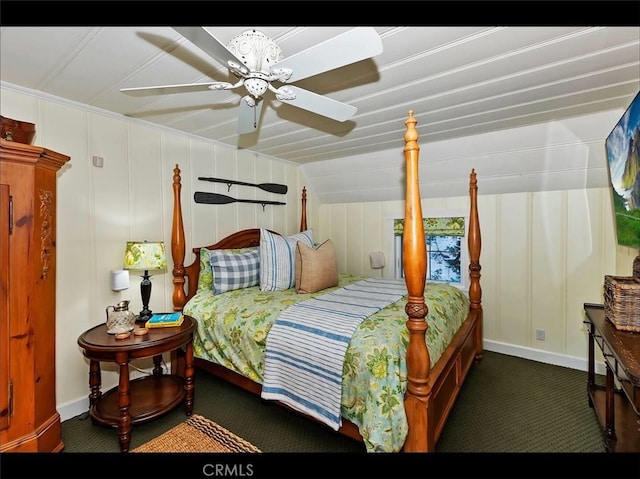 855 Lake Dr, Lake Arrowhead, CA 92352 - carpeted bedroom with baseboards, vaulted ceiling, and ceiling fan