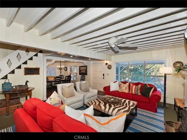 855 Lake Dr, Lake Arrowhead, CA 92352 - living room featuring beam ceiling, ceiling fan, and a chandelier
