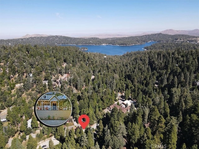 birds eye view of property with a water and mountain view