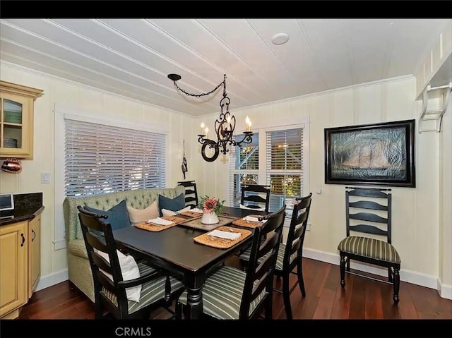 855 Lake Dr, Lake Arrowhead, CA 92352 - dining room with ornamental molding, a chandelier, dark wood-style floors, baseboards, and plenty of natural light