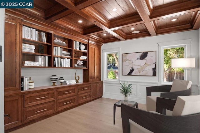 living area featuring coffered ceiling, wood ceiling, beamed ceiling, and a healthy amount of sunlight