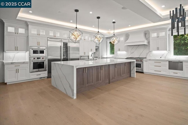 kitchen with white cabinetry, a large island with sink, premium appliances, a raised ceiling, and custom range hood