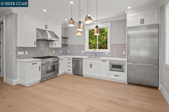 kitchen featuring sink, decorative light fixtures, light wood-type flooring, high quality appliances, and white cabinets