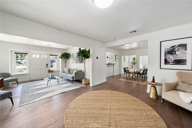 living room featuring dark wood-type flooring