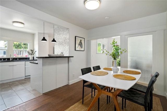 dining space featuring sink and hardwood / wood-style floors