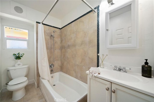 full bathroom with vanity, shower / tub combo, tile patterned floors, and toilet