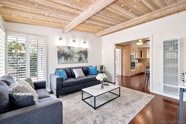 living room with beamed ceiling, dark wood-type flooring, wooden ceiling, and ceiling fan