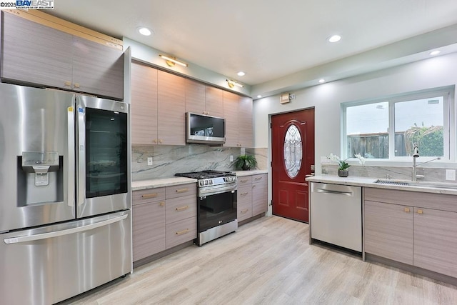 kitchen with stainless steel appliances, sink, backsplash, and light hardwood / wood-style floors