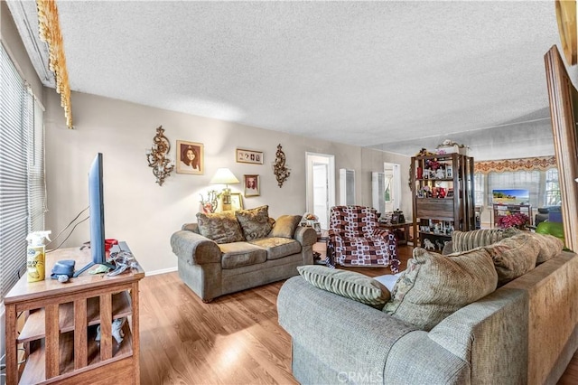 living room featuring light hardwood / wood-style floors and a textured ceiling