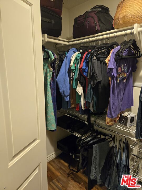 walk in closet with dark hardwood / wood-style flooring