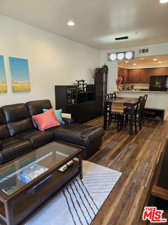 living room with dark hardwood / wood-style flooring