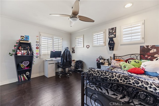 bedroom featuring baseboards, ceiling fan, dark wood-style flooring, and crown molding