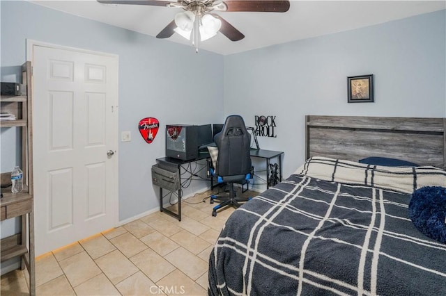 tiled bedroom with ceiling fan