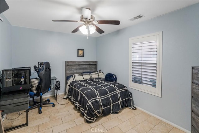 bedroom with visible vents, ceiling fan, and baseboards