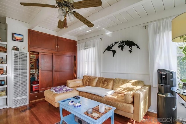 living room with beamed ceiling, wood ceiling, and dark hardwood / wood-style floors