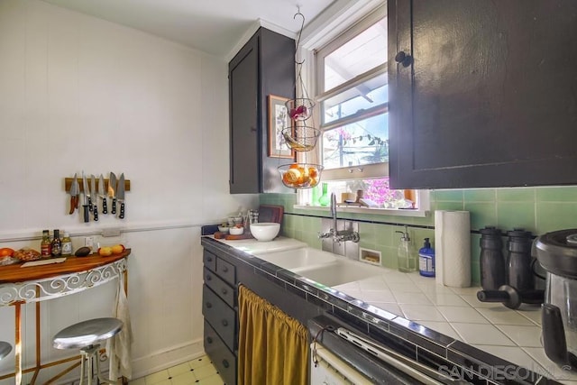 kitchen with tasteful backsplash, sink, and tile counters