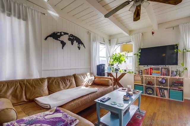 living room with wood-type flooring, ceiling fan, and beam ceiling