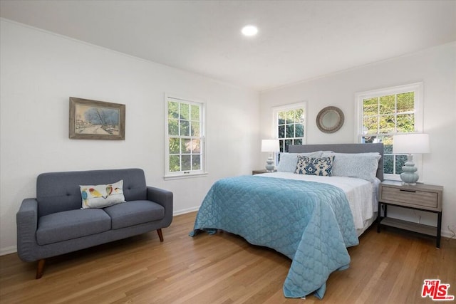 bedroom featuring wood-type flooring and multiple windows