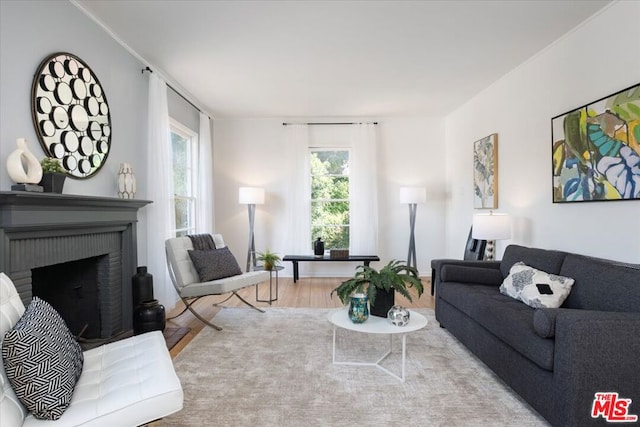 living room with light wood-type flooring and a fireplace