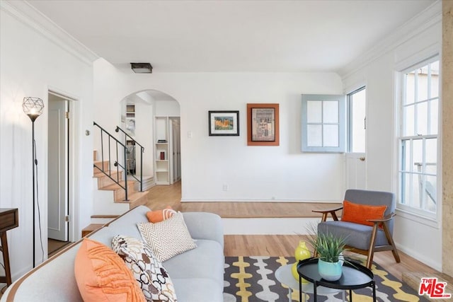 living room with ornamental molding and light hardwood / wood-style floors