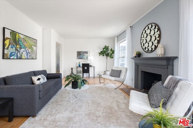 living room featuring hardwood / wood-style floors and a fireplace