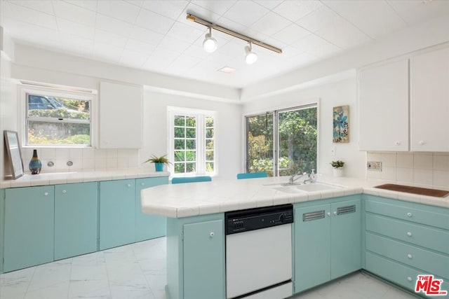 kitchen with dishwasher, sink, white cabinets, decorative backsplash, and kitchen peninsula