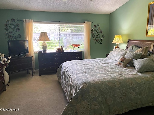 bedroom with carpet and a textured ceiling