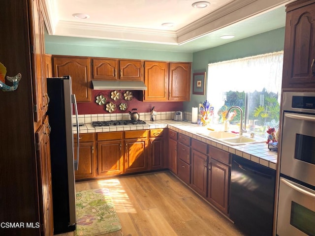 kitchen featuring sink, tile countertops, ornamental molding, appliances with stainless steel finishes, and a raised ceiling