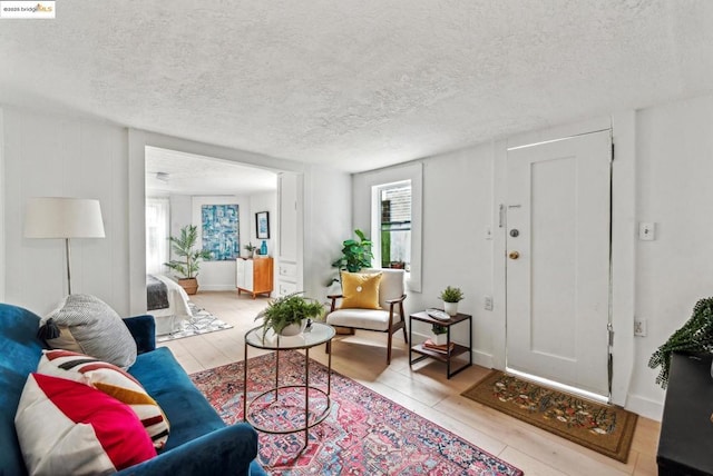 living room with a textured ceiling and light hardwood / wood-style flooring