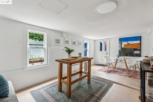 dining space with light hardwood / wood-style floors