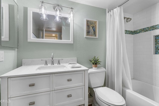 full bathroom with vanity, toilet, and shower / bath combo with shower curtain