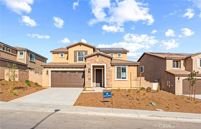25366 Luna Peak Rd, Menifee, CA 92586 - view of front facade with a garage and solar panels