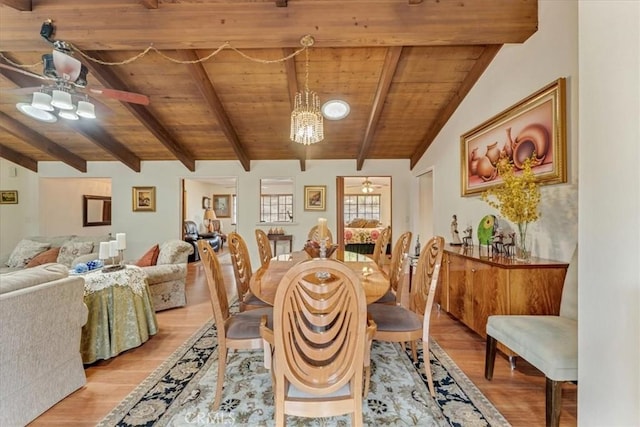 dining room with wood ceiling, lofted ceiling with beams, light hardwood / wood-style floors, and ceiling fan