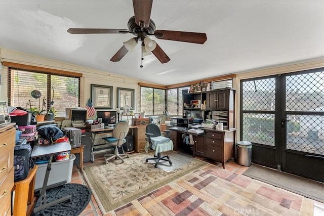 office area with ceiling fan