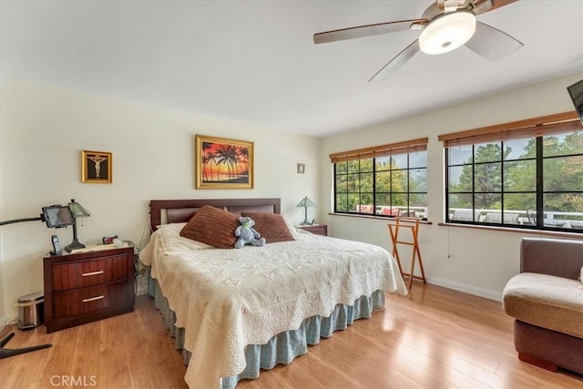 bedroom featuring ceiling fan and light wood-type flooring