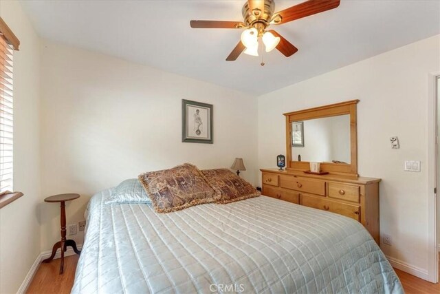 bedroom featuring multiple windows, light hardwood / wood-style floors, and ceiling fan