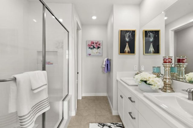 bathroom with tile patterned floors, an enclosed shower, and vanity