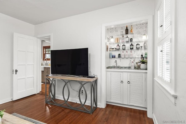 living room featuring indoor bar, a healthy amount of sunlight, and dark hardwood / wood-style flooring