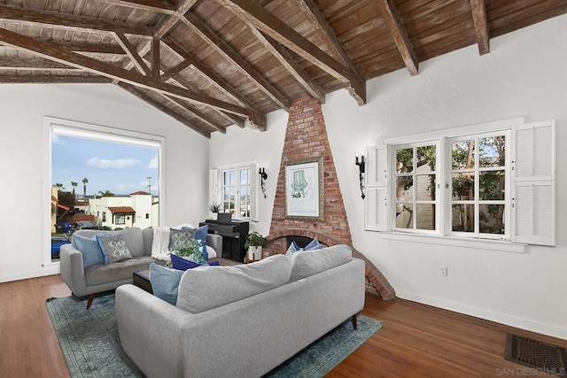 living room with high vaulted ceiling, wooden ceiling, dark hardwood / wood-style floors, beamed ceiling, and a fireplace