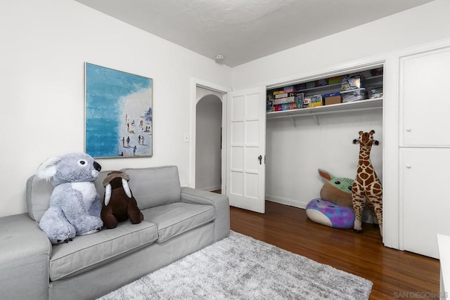 living room featuring dark wood-type flooring