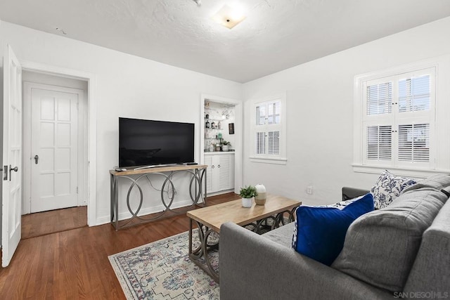 living room with dark wood-type flooring