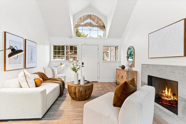 living room featuring high vaulted ceiling, a wealth of natural light, light hardwood / wood-style floors, and a premium fireplace