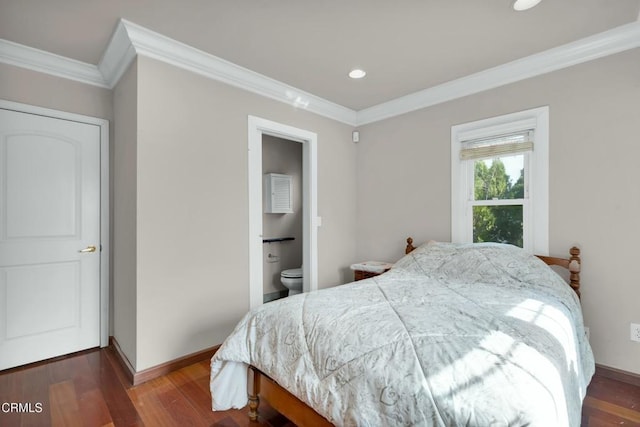 bedroom with crown molding, ensuite bathroom, and dark hardwood / wood-style flooring