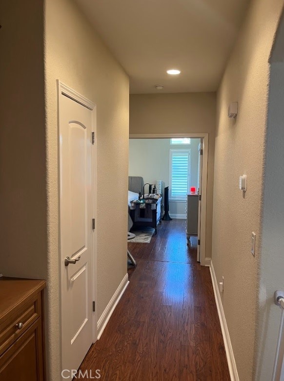 hallway with dark hardwood / wood-style flooring