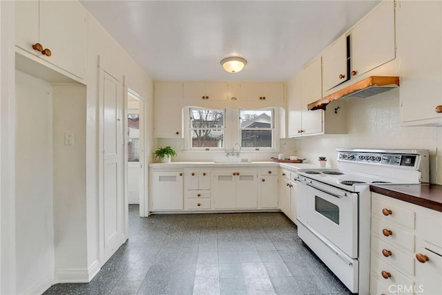 kitchen featuring sink, white electric range, and white cabinets